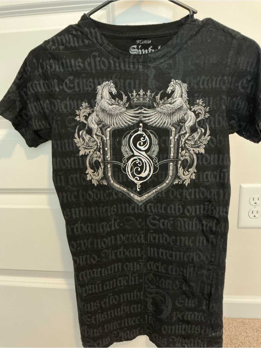 Sinful Black Short Sleeve Crest & Winged Horse Graphic Tee
